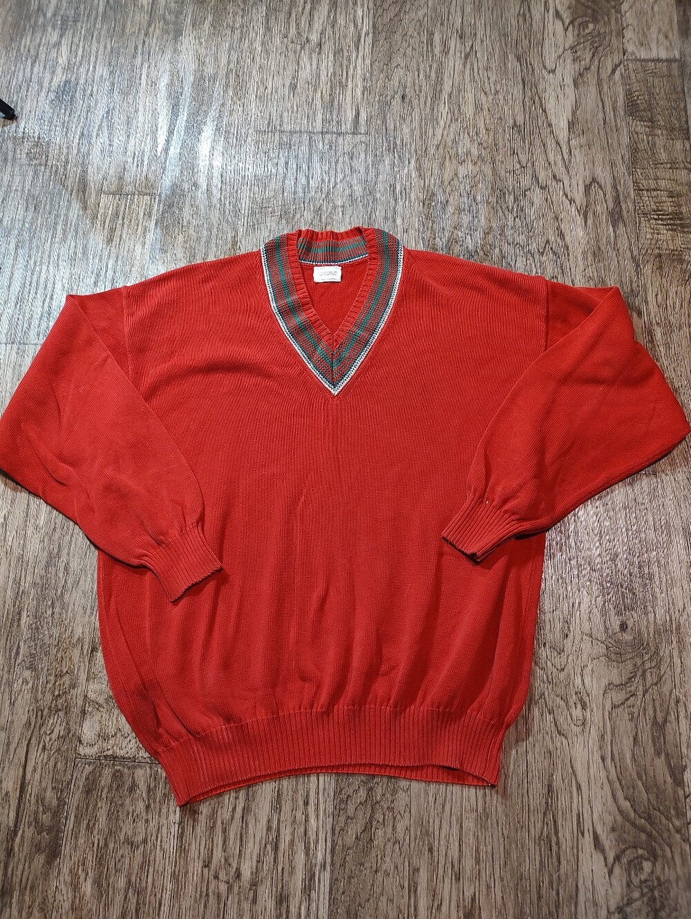 United Colors Of Benetton RedV-Neck Sweater with Striped Trim Made In italy
